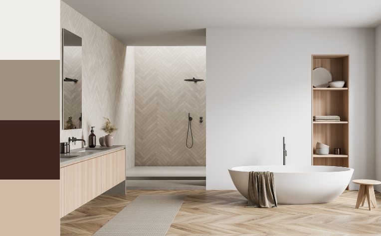 herringbone wood flooring in minimalist bathroom with color palettes